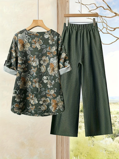 Elegant Floral Print Blouse & High-Waisted Pants Set - Chic Green & White Floral Top with Ruffled Sleeves, Button-Front Design, and Wide-Leg Pants for Spring/Summer, Spring Summer Outfit | Floral Print Blouse | Buttonfront Bl
