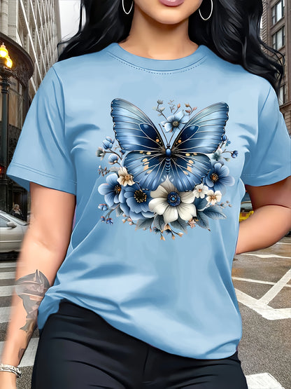 Circle Chic Butterfly Print T-Shirt - Exquisite Design, Casual Round Neck Top - Breathable and Lightweight, Perfect for Spring/Summer Wardrobe