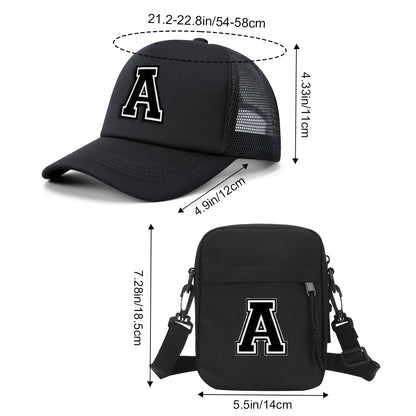 2pcs Men'S And Women'S 26-Letter Printed Trucker Hat & Bag Set, Mesh Breathable Versatile Casual Sun Hat, Suitable for Holiday Vacation, Mountain Climbing, Camping, Outdoor Street And Other Scenes, Suitable As a Birthday, Hol