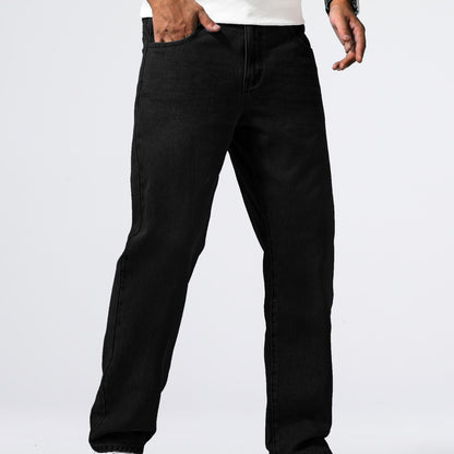 Men'S Loose Fit Straight Leg Jeans, Cotton 85% Polyester 15% Denim, Washed Solid Color Casual Style