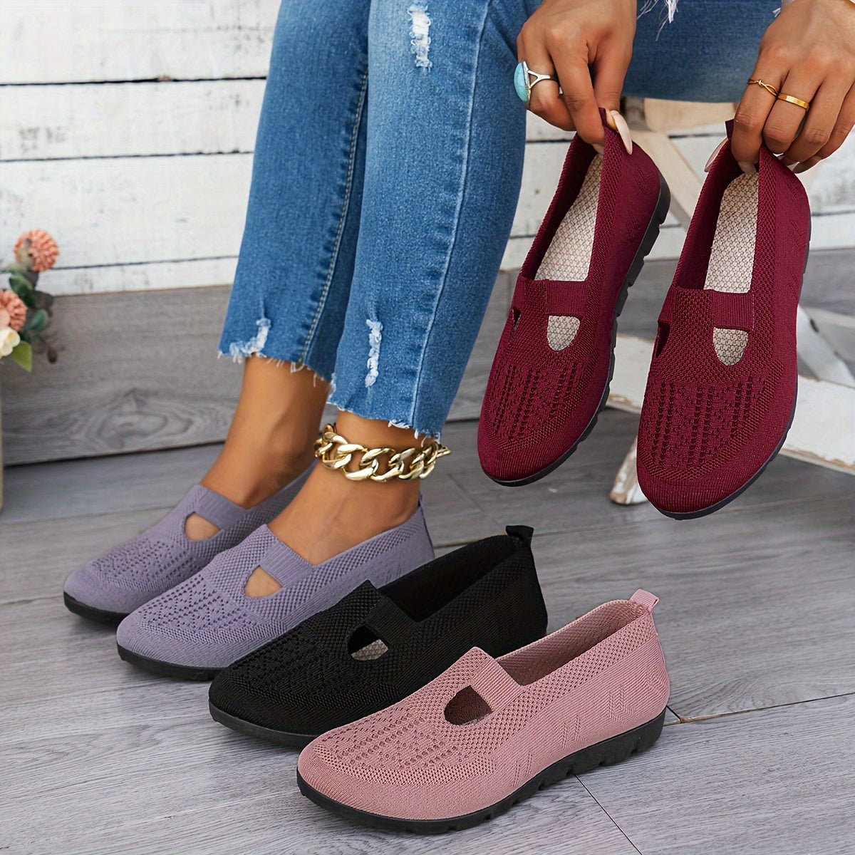 Women's Breathable Slip-On Fashion Sneakers - Comfortable Flat Casual Shoes with Rubber Sole, Fabric Insole, Low Top Design, All-Season Wearability, Solid Color