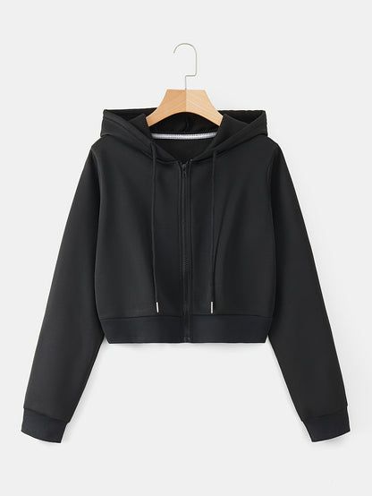 Zip Up Cropped Drawstring Hoodie, Casual Long Sleeve Sweatshirt For Spring & Fall, Women's Clothing