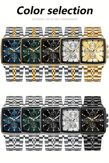 POEDAGAR Men's Stainless Steel Luminous Watch - Blue Dial Chronograph, High Quality Quartz Movement with Date Calendar, Golden-Tone Accents for Business Casual & Casual Attire, Formal Accessory, Stylish Accessory, Refined Cra
