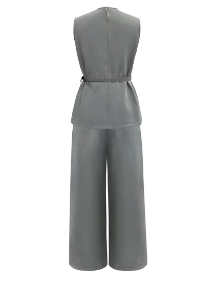 Urban Commute Casual Elegant Two-Piece Set with Unique Cross-Cut Sleeveless Belted Waist Design High-Waisted Wide-Leg Pants, Comfortable and Versatile for Various Occasions