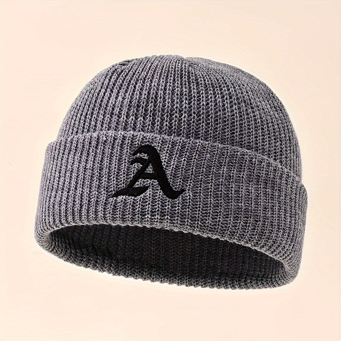 1pc Unisex Classic Brimless Hat With Adjustable Rolled Cuff, Simple Letter Pattern Knitted Hat, Suitable For Winter Daily Wear