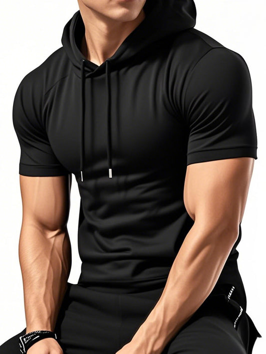 1pc Twisted Cool Men's Hooded Short Sleeve T-Shirt - Solid Black Casual Streetwear, Regular Fit, Hand Wash Only, Summer Essential for Everyday Comfort