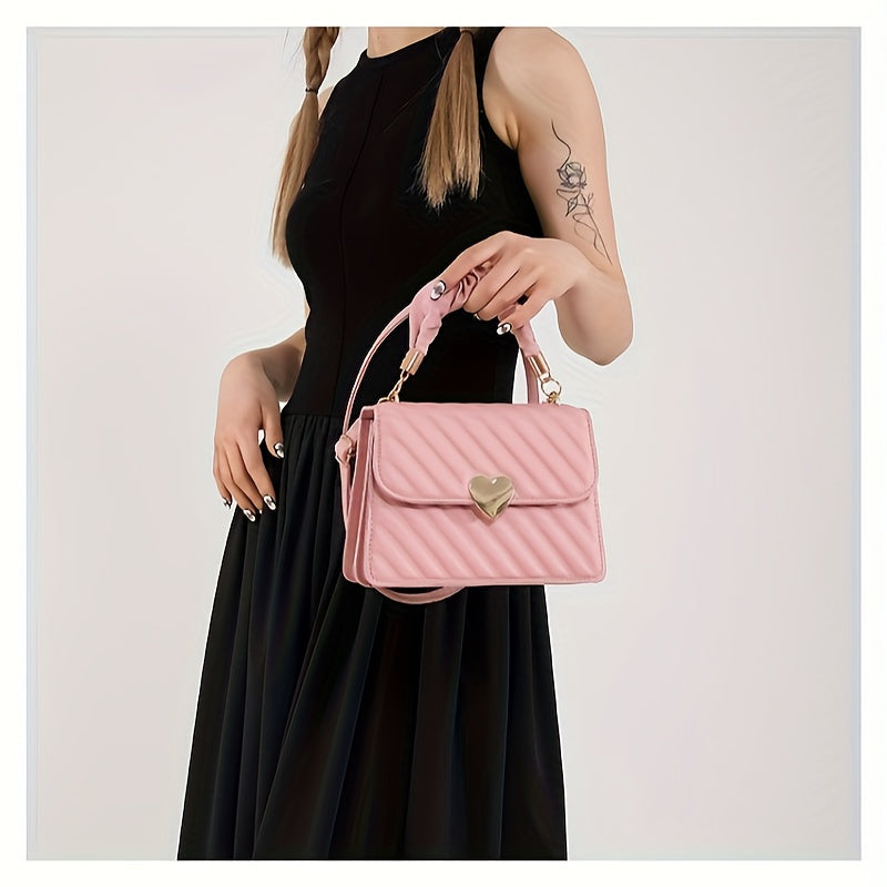 Women'S Fashion Shoulder Bag, Korean Version, Faux Leather, Quilted Solid Color, Heart Accent, Removable Strap, Magnetic Closure, Synthetic Faux Leather Lining, Painted Edges, Versatile Crossbody Purse - Available in Black, R