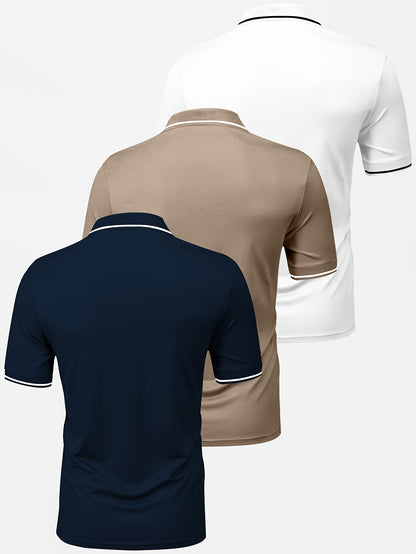 3pcs Men's Casual Fashion Shirts - Breathable Polyester, Short Sleeve, Button-Up with Classic Collar - Machine Washable, Summer Essentials in Black, White, and Beige