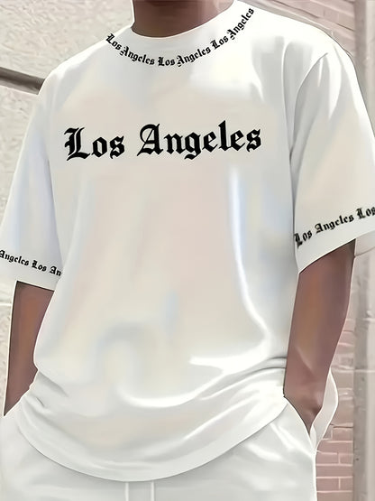Men'S Los Angeles Graphic Print Casual Sportswear Set - Breathable Summer Short Sleeve T-Shirt & Drawstring Shorts with Pockets, Regular Fit, Crew Neck, Comfortable & Stylish for Casual Attire, Leisure Clothing | Trendy Sport