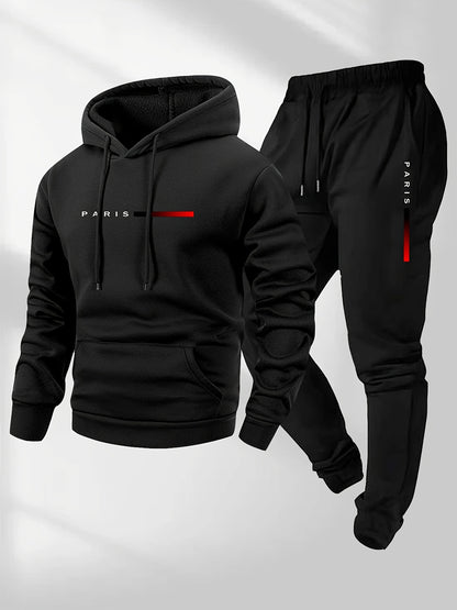 Men's Hoodie and Drawstring Sweatpants Set with PARIS Letter Print