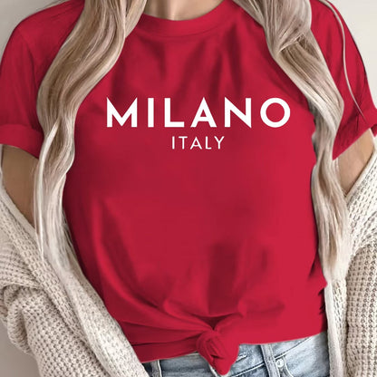 Women'S Casual Polyester T-Shirt with "Milano Italy" Letter Print, Short Sleeve Crew Neck Top, All-Season Knit Fabric Tee, Regular Length - 180gsm
