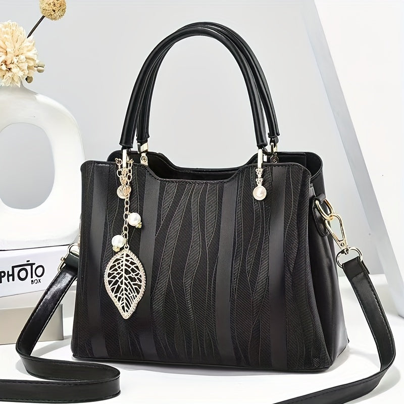 Elegant Light Blue & White Braided Handbag with Adjustable Strap, Golden-Tone Hardware, And Floral Accents - Large Capacity, Versatile Shoulder Or Handbag for Women - Perfect Gift for Mom Or Family, Stylish Accessory, Polyest