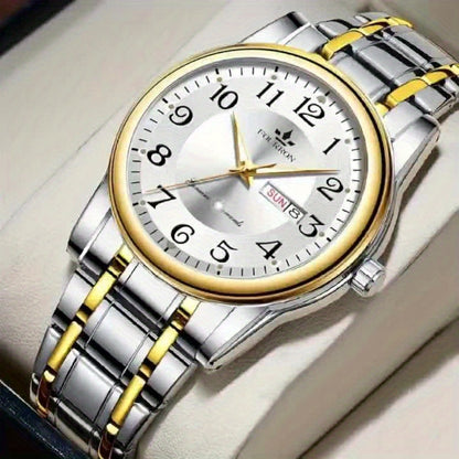 FOURRON Men's Quartz Watch - Trendy and Fashionable Appearance Stainless Steel Band with Luminous & Date Display, Ideal Gift for Birthdays & Holidays, Sunday Calendar Display, Multifunctional Watch, Casual Fashion, Gift for R