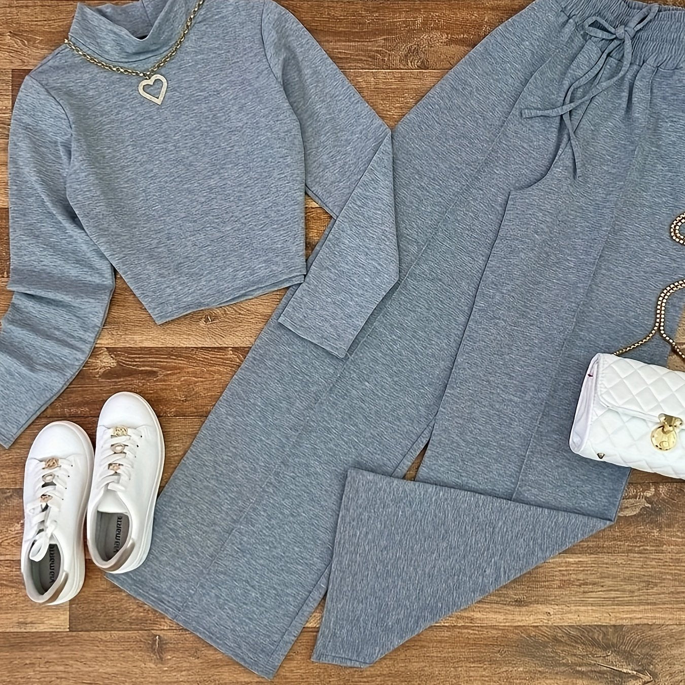 2 Pcs Solid Color Top & Pants Outfit, Long Sleeve Mock Neck Crop Slim Top & Drawstring High Waist Straight Leg Pants, Women's Clothing