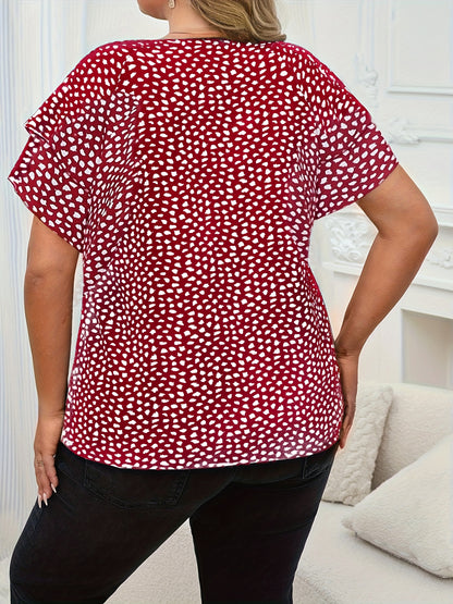 Plus Size Allover Print Blouse, Elegant Ruffle Sleeve Crew Neck Top for Spring & Summer, Women's Plus Size Clothing