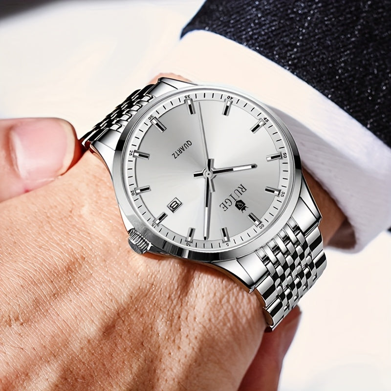 RUIGE Men's Sleek Quartz Watch - Stainless Steel Band, Simple Design with Date Display & Night Light Feature, Casual Wristwatch for Casual Attire