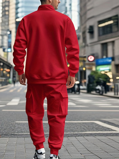 Versatile Ensemble, Men's Casual 2pcs Set: Heavyweight Zip-Up High Neck Sweatshirt & Pocketed Work Pants - Solid Color, Plush Fabric for Fall/Winter