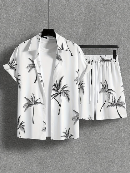 Coconut Tree Print, Men's 2Pcs Outfits, Casual Camp Collar Lapel Button Up Short Sleeve Shirts Hawaiian Shirt And Drawstring Shorts Set For Summer, Men's Clothing