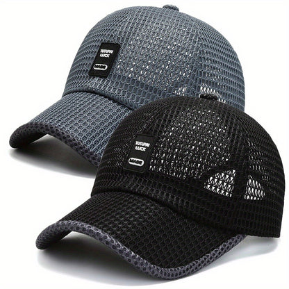 2pcs Unisex Quick-Dry Mesh Baseball Caps - Breathable, Adjustable Summer Sun Hats with Large Brims for Outdoor Activities, Black & Gray Textured Design