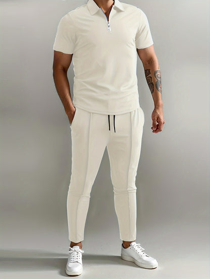 Men's Slim-Fit Casual & Joggers Set - Breathable Polyester, Short Sleeve, Summer Outdoor Wear