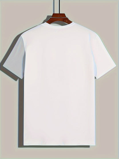 Men'S Fashion Casual Crew Neck Short Sleeve T-Shirt, Polyester Blend, Slight Stretch, Solid Color, Summer, Regular Fit, Knit Fabric, 180g/m², with Embellished Graphic for Adult