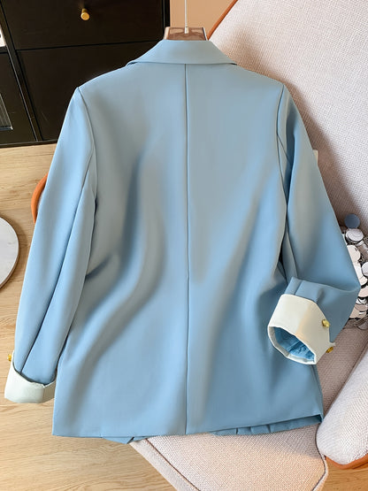 Chic Light Blue Slim-Fit Blazer կանանց համար. Նորաձև երկարաթև աշխատանքային գրասենյակային վերնազգեստ ոսկե կոճակով, էլեգանտ պոլիեսթեր գործվածք, կատարյալ գարնան և աշնան համար