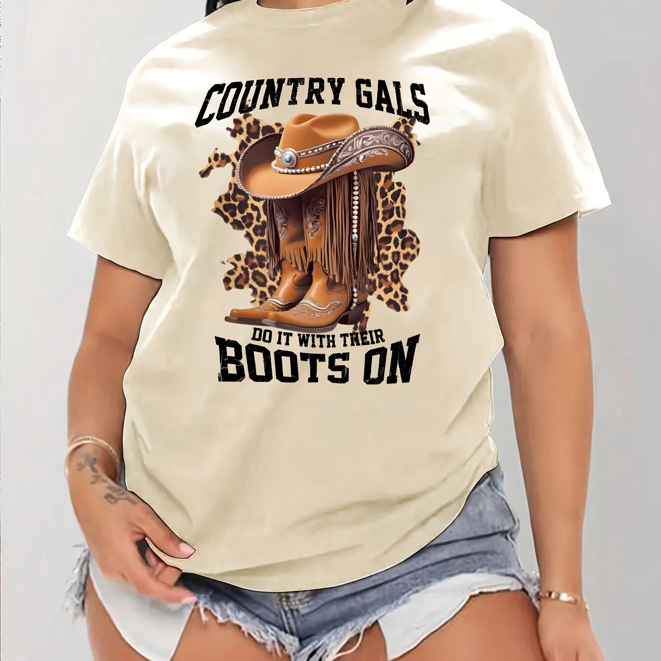 Women's Casual Short Sleeve T-Shirt with Cartoon Cowboy Boots & Leopard Print Graphic, "Country Gals Do It with Their Boots On" Slogan, Vibrant Orange Round Neck Tee, Machine Washable Regular Fit, Allseason Top, Semitranspare