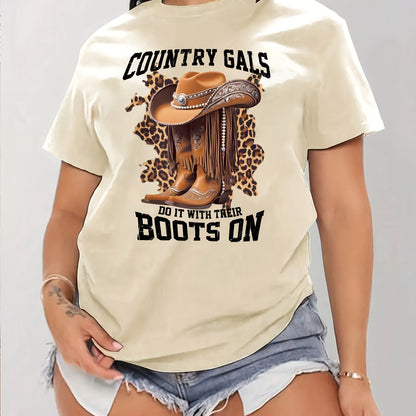 Women's Casual Short Sleeve T-Shirt with Cartoon Cowboy Boots & Leopard Print Graphic, "Country Gals Do It with Their Boots On" Slogan, Vibrant Orange Round Neck Tee, Machine Washable Regular Fit, Allseason Top, Semitranspare