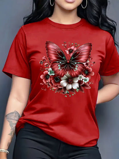 Women'S Floral Butterfly Print T-Shirt, Short Sleeve Crew Neck Casual Top for Spring & Summer, Vibrant Green with White & Blue Flowers, Perfect Birthday or Holiday Gift, Everyday Fashion | Vibrant Casual Top | Glossy Texture