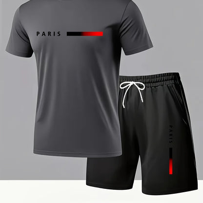Paris Gradient Letter Print Men's Two-Piece Set: Crew Neck Short Sleeve T-Shirt and Drawstring Shorts Summer Casual Sportswear
