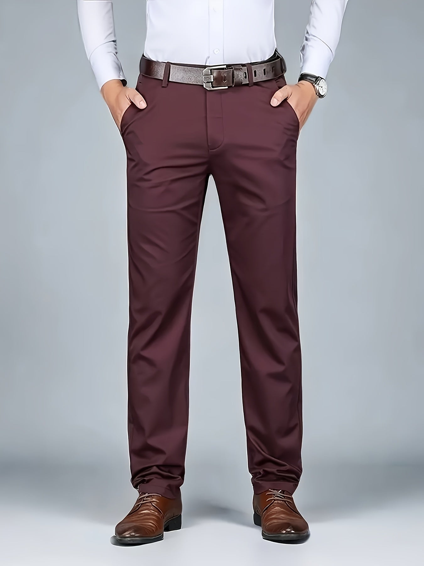 [Durable Build] Men's All-Season Casual Dress Pants - Business Style Stretch Trousers, Comfortable Classic Design, Light Brown Polyester Blend, Machine Washable, Smooth Finish, Regular Fit for Office or Leisure Wear