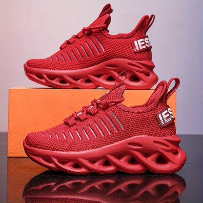 Youngsters' Breathable Knit Sneakers - Lightweight Running Sneakers with Striped Design, EVA Sole & Lace-Up Closure for Boys & Girls | All-Season Outdoor Sports & Casual Wear (Red), Big Kid Shoes, Everyday Youngsters's Footwe