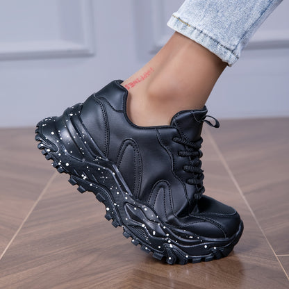 Women's Black Chunky Sneakers - Anti-Slip, Durable Casual Dad Shoes with Glossy Finish & Star Pattern, Lace-Up Low Tops for All Seasons, Allseason Sneakers | Chunky Sole Sneakers | Comfortable Fabric Lining