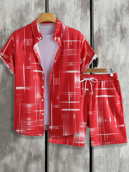 Men'S Stylish Gradient Shirt Set - Brown & White Geometric Pattern, Short Sleeve with Pocket, Loose Fit Shorts, Perfect for Beach, Camping, Fishing & Outdoor Activities, Casual Attire|Geometric Pattern Shirt|Woven Fabri