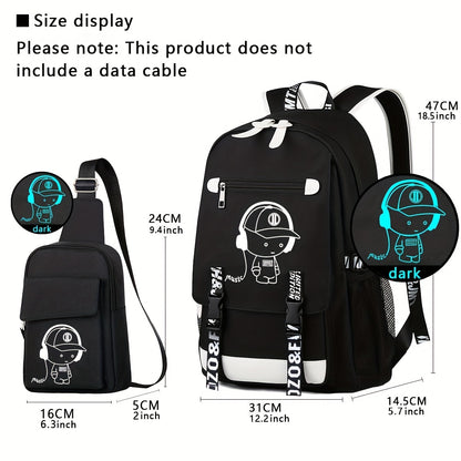 2pcs/set Luminous Men's Backpacks, Casual College Backpacks, Simple Cool Large Capacity Backpacks, Travel Computer Bag