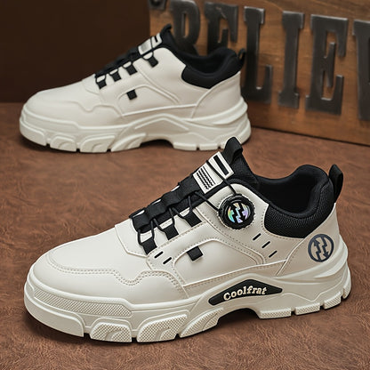 Men's Solid Color Skate Sneakers - Adjustable Rotating Buckle Straps, Slip-Resistant PVC Sole & Durable PU Upper, Low-Top Lace-Up Design for Hiking, Walking, Daily Wear - All-Season Casual Streetwear Shoes, Skate Shoes