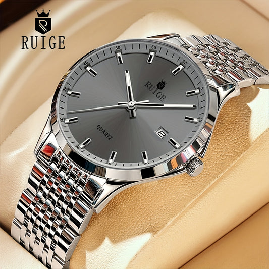 RUIGE Men's Sleek Quartz Watch - Stainless Steel Band, Simple Design with Date Display & Night Light Feature, Casual Wristwatch for Casual Attire