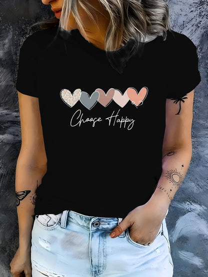 Women's Casual Sport T-Shirt, Round Neck, Heart And Happy Print, Short Sleeve, Soft Knit