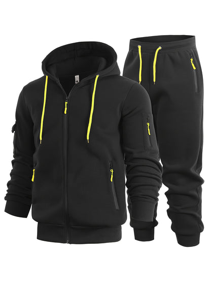 2pcs Men's Solid Color Hooded Long Sleeve Sweatshirt and Jogger Set, Suitable for Spring, Autumn, and Winter Sports Casual Outfit