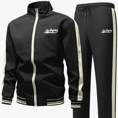 Men's Sports Casual Jacket and Pants Set, Two-Tone Spliced Letter Print Design, Stylish All-Season Trendy Outfit, Preferred by Athletes TZ6062