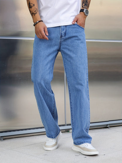 Men's Loose Fit Wide Leg Jeans, Street Style Stretch Casual Pants