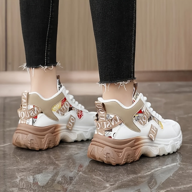 Women's Chunky Platform Sneakers - High-Top Lace-Up Shoes with Cushioned PVC Sole, Beige/White/, Synthetic Cover Upper - All-Season Outdoor, Casual, Office Shoes for Everyday & Formal Outfits - Lightweight Thick Platform Foot