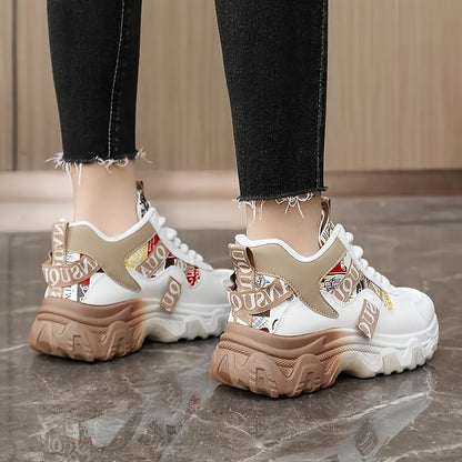 Women's Chunky Platform Sneakers - High-Top Lace-Up Shoes with Cushioned PVC Sole, Beige/White/, Synthetic Cover Upper - All-Season Outdoor, Casual, Office Shoes for Everyday & Formal Outfits - Lightweight Thick Platform Foot