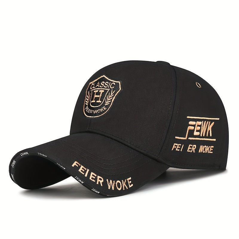 FEWK Unisex Baseball Cap | Breathable Polyester | Adjustable Fit | Embroidered Logo & Golden Badge | Stylish Streetwear for Spring/Autumn, Outdoor Headwear | Golden Badge Design | Durable Cap