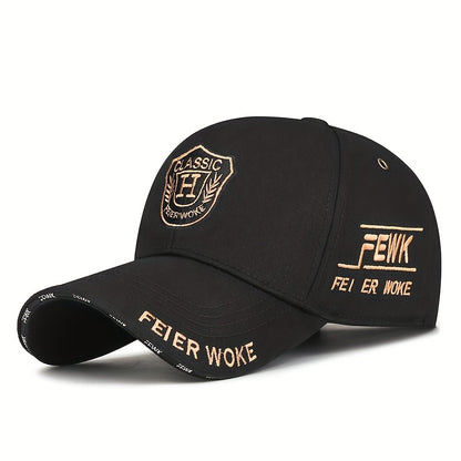 FEWK Unisex Baseball Cap | Breathable Polyester | Adjustable Fit | Embroidered Logo & Golden Badge | Stylish Streetwear for Spring/Autumn, Outdoor Headwear | Golden Badge Design | Durable Cap