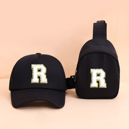 2pcs Kids' Printed Alphabet Pattern Set, Includes 1 Black Stylish Breathable Trucker Hat and 1 Black Crossbody Bag, Lightweight Sun Hat with Small Coin Purse, Suitable for Boys and Girls Aged 5-10 for Daily Outings and Back-t