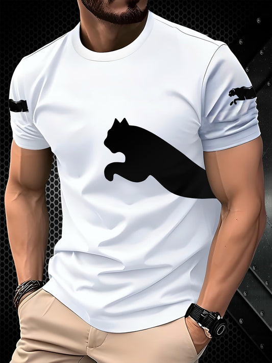 Men's 3D Print Cat Graphic T-Shirt - Casual Short Sleeve Summer Tee with Black & White Contrast Design, Breathable Round Neck Top for Outdoor Activities, Machine Washable, Relaxed Fit Shirt, Durable Fabric, Detailed Print Qua