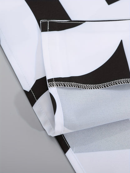 Men's Suit with Black and White Letter Print, Short Sleeve, Open Collar Shirt and Shorts, Casual Set