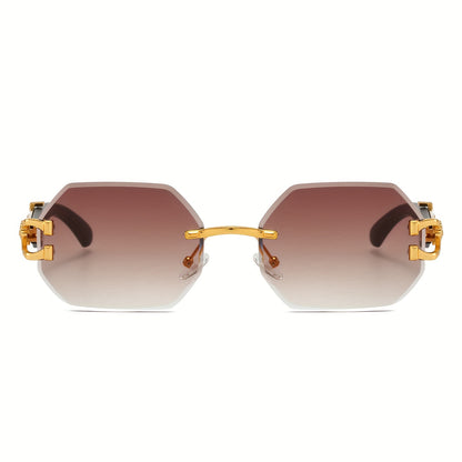 1pc Retro Frameless Glasses for Men & Women, Irregular Shaped PC Lens, Metal Hinge, Climbing Sports, Imitation Wood Grain, Fashionable Decorative Eyewear, Suitable for Daily Wear & Holiday