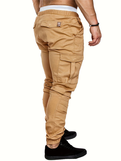 Men'S Casual Cargo Pants, 95% Cotton 5% Spandex, Skinny Fit, Solid Color, Long Length, Woven Fabric, Non-Stretch, with Pockets, 215g/m² Weight